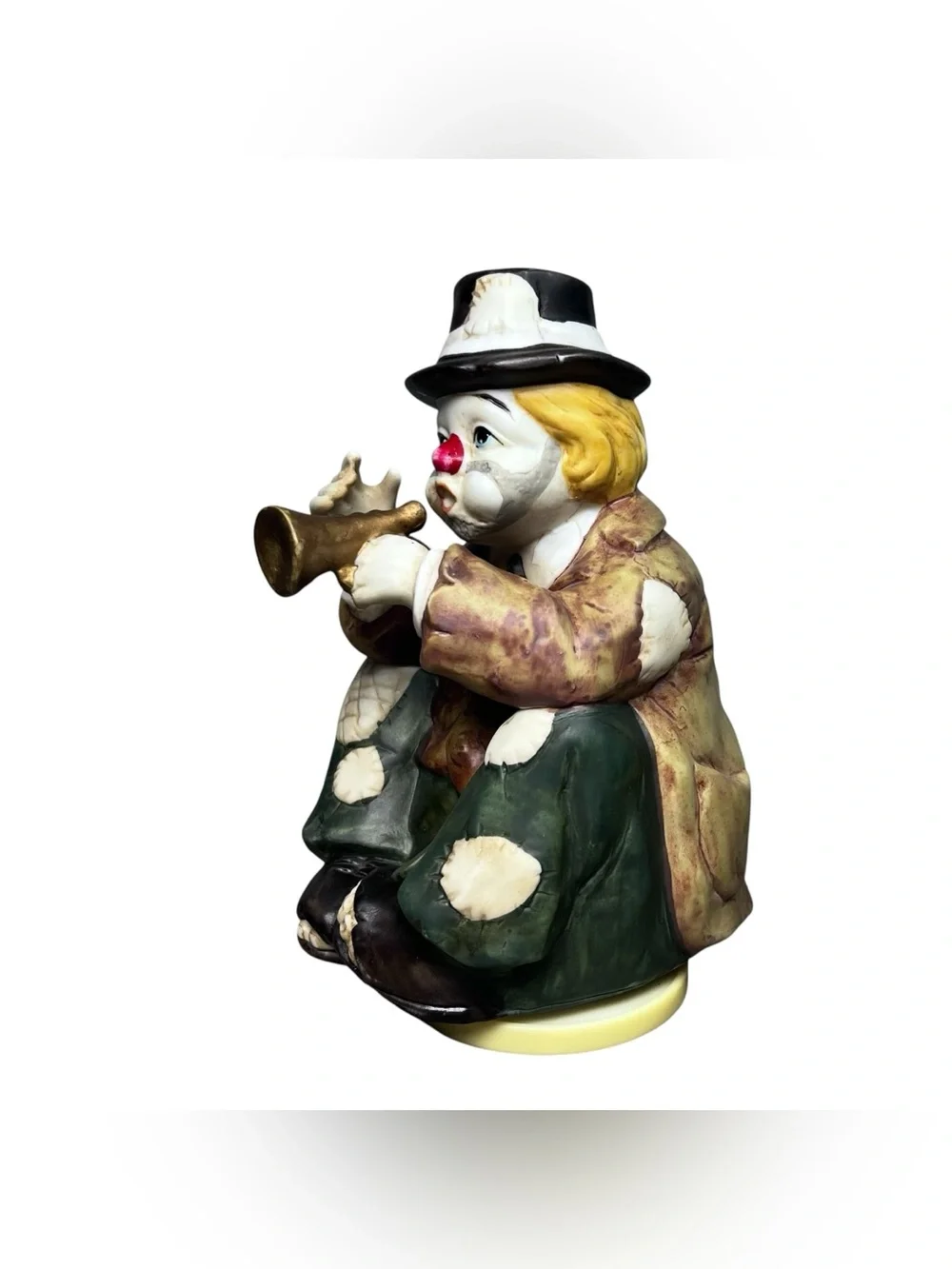 Vintage 1980 Sun Saint Ceramic Hobo Clown Music Box Wind Up Playing Trumpet Horn